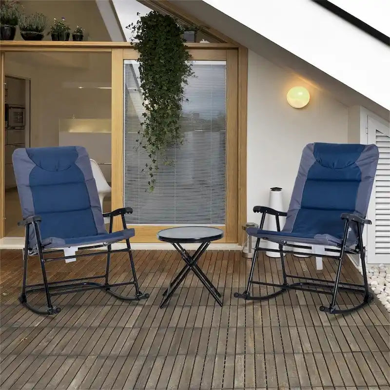 Set da 3 Pezzi di Sedie a Dondolo Pieghevoli da Patio con Tavolino da Caffè in Vetro