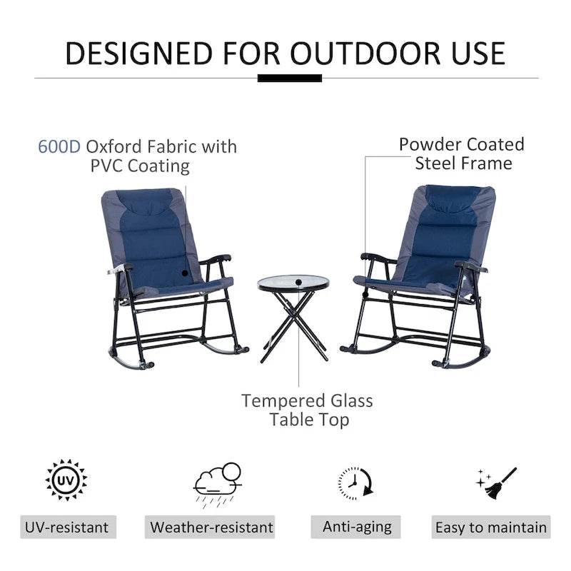 Set da 3 Pezzi di Sedie a Dondolo Pieghevoli da Patio con Tavolino da Caffè in Vetro