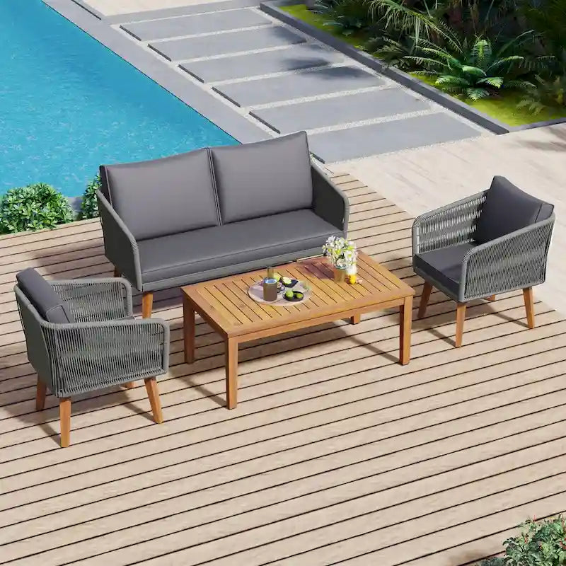 Ensemble de patio 4 pièces moderne milieu de siècle : causeuse, chaises et table en bois d'acacia