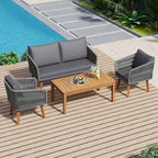 Ensemble de patio 4 pièces moderne milieu de siècle : causeuse, chaises et table en bois d'acacia