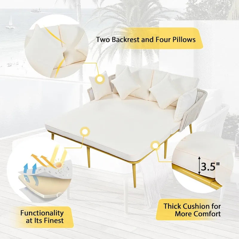 Daybed da esterno con schienale in corda di nylon intrecciata e cuscini lavabili