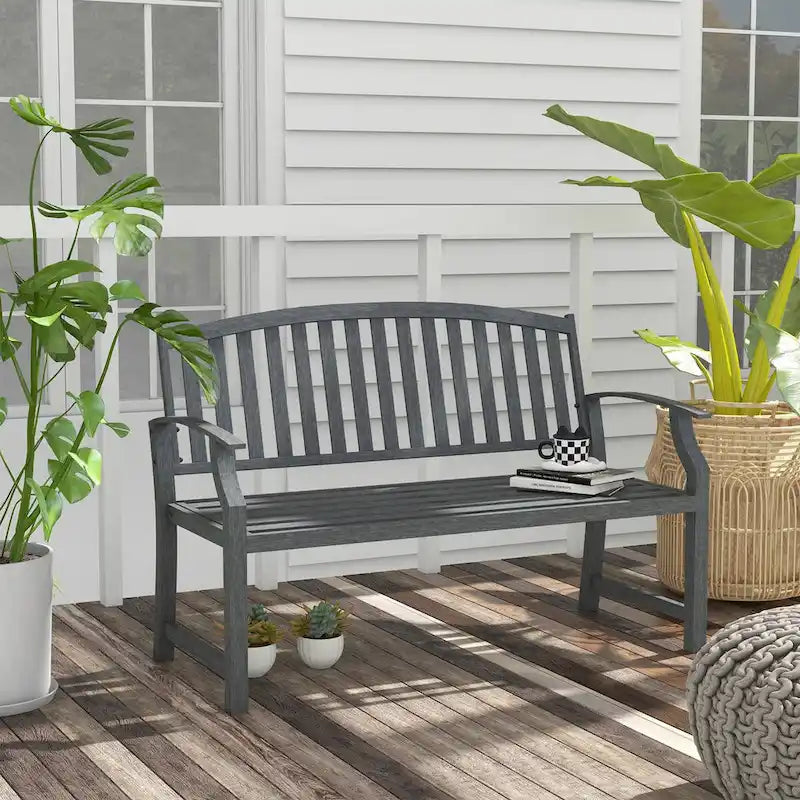 46 Outdoor Metal Garden Bench with Armrests, Tilted Backrest,Wood Look Slatted