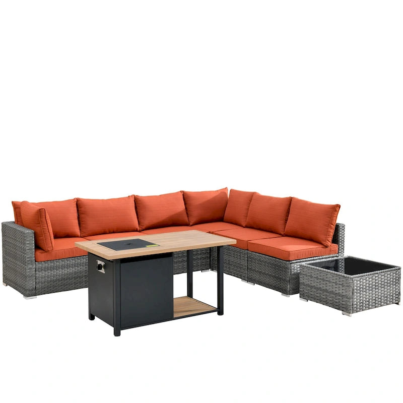 HOOOWOOO Set da 8 Pezzi di Mobili da Esterno in Rattan per Patio, Divano e Braciere