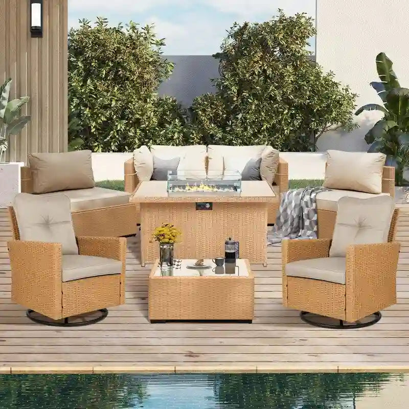 UPHA 8-Piece Wicker Patio Fire Pit Conversation Set with Swivel Chairs, Cushions