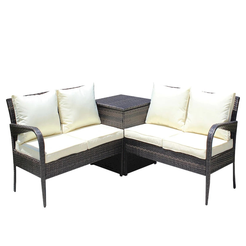 Set da conversazione da patio in vimini 3 pezzi con cuscini beige