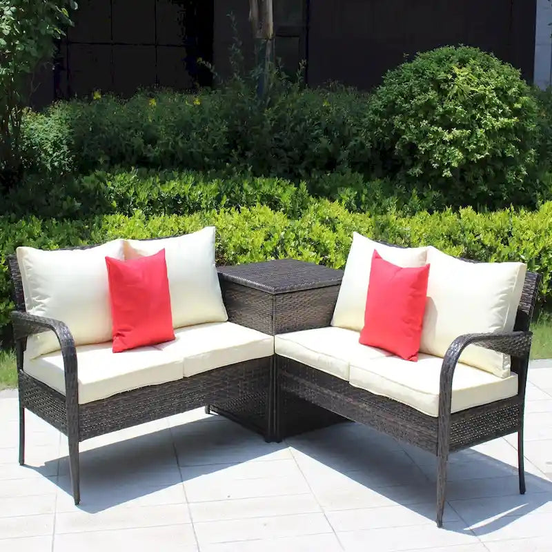 Set da conversazione da patio in vimini 3 pezzi con cuscini beige