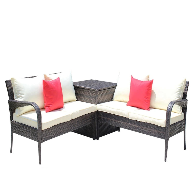 Set da conversazione da patio in vimini 3 pezzi con cuscini beige