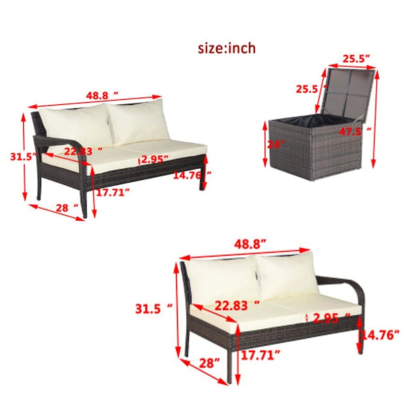 Set da conversazione da patio in vimini 3 pezzi con cuscini beige