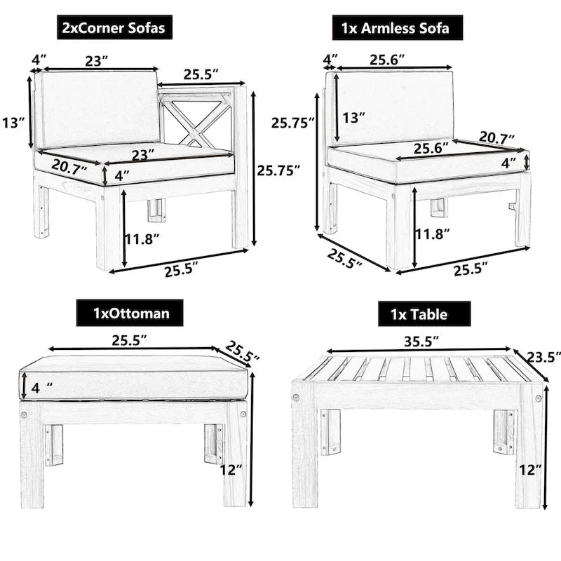 Set Divano Componibile a 5 Pezzi in Legno per Esterni da Giardino con Cuscini