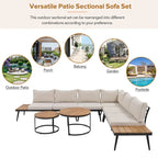 Set divano componibile da esterno a 6 pezzi con tavolini rotondi a incastro e divano con cuscini per patio, portico e giardino