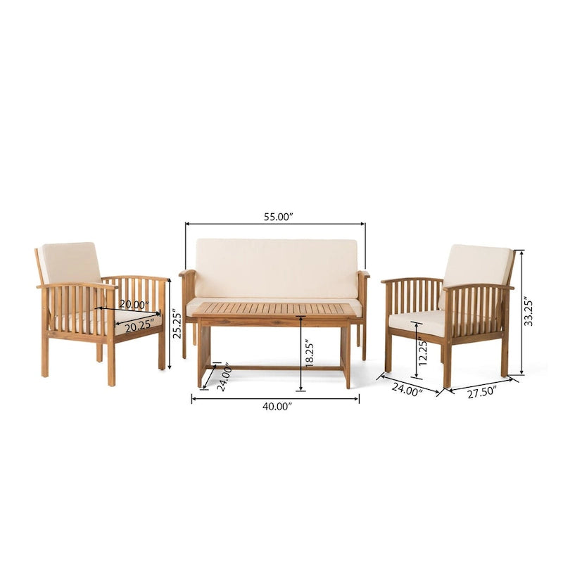 Set da 4 pezzi per patio in legno con tavolo in legno di acacia e cuscini