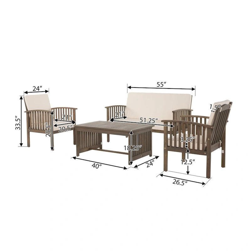 Set da 4 pezzi per patio in legno con tavolo in legno di acacia e cuscini