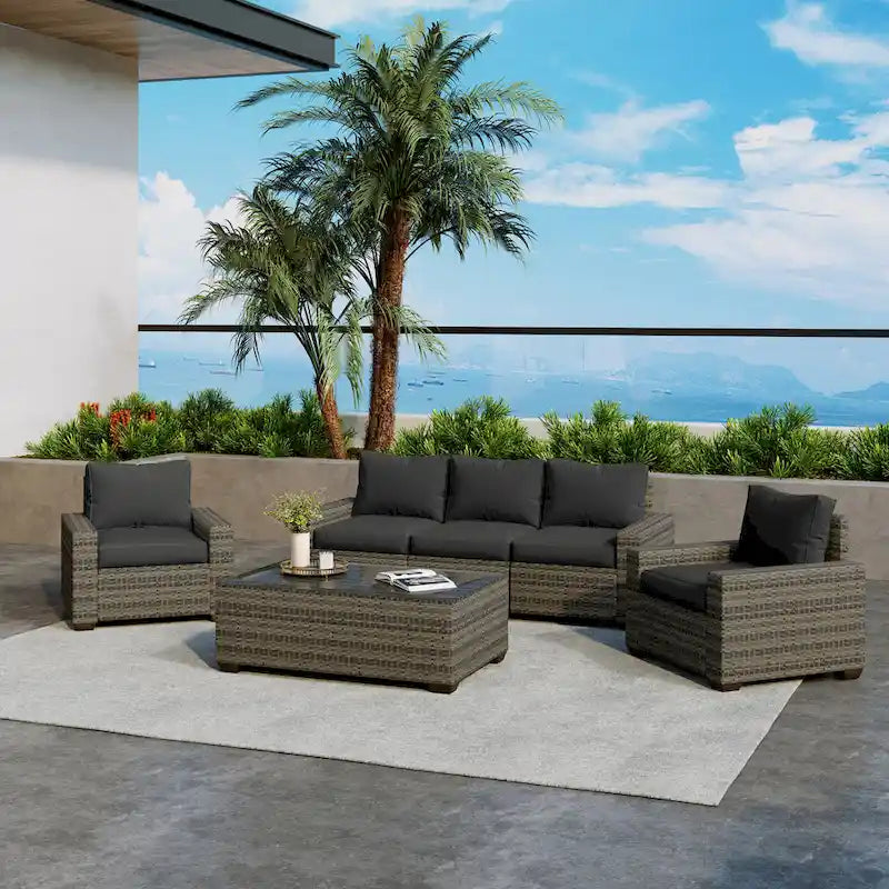 6-Piece Outdoor Wicker Sectional Sofa Set With Cushions And Coffee Table