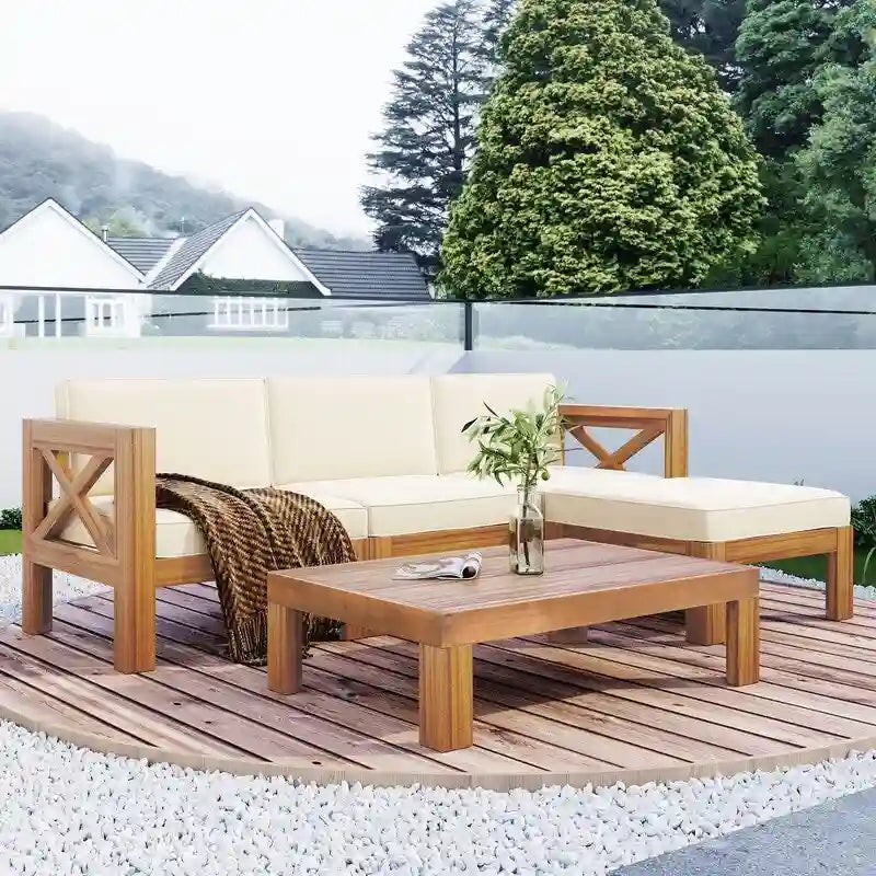 Set divano sezionale da esterno in legno da 5 pezzi per patio con cuscini