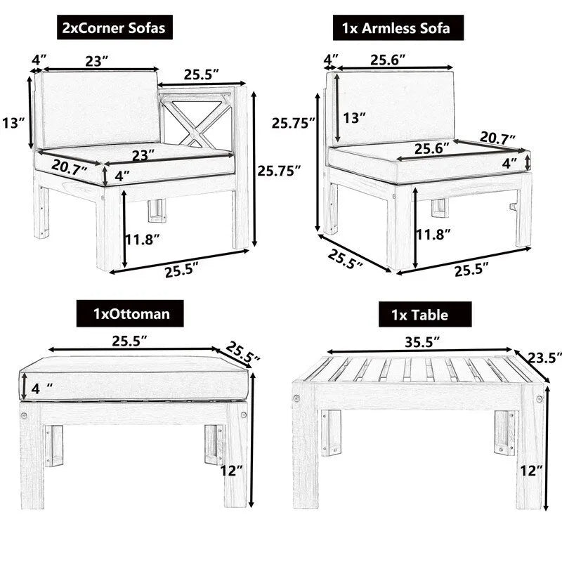 Set divano sezionale da esterno in legno da 5 pezzi per patio con cuscini