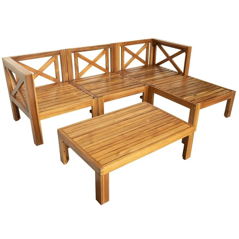 Set divano sezionale da esterno in legno da 5 pezzi per patio con cuscini