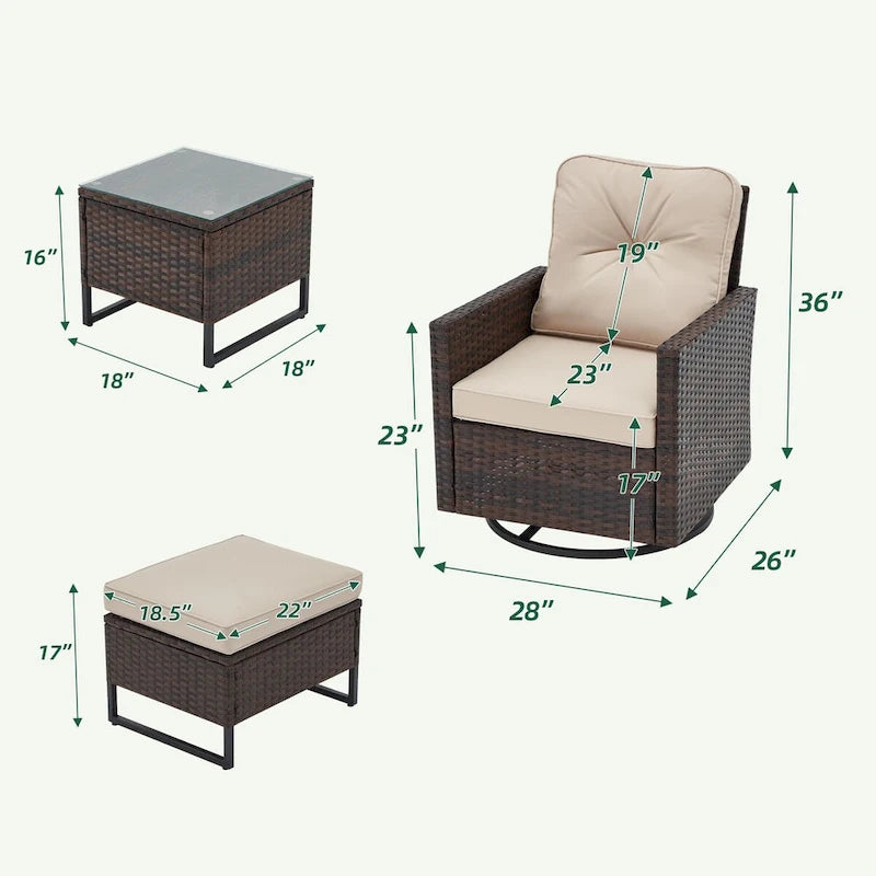 AVAWING Set da 5 Pezzi per Esterni con Sedie Girevoli a Dondolo in Vimini, 2 Pouf e 1 Tavolino Laterale