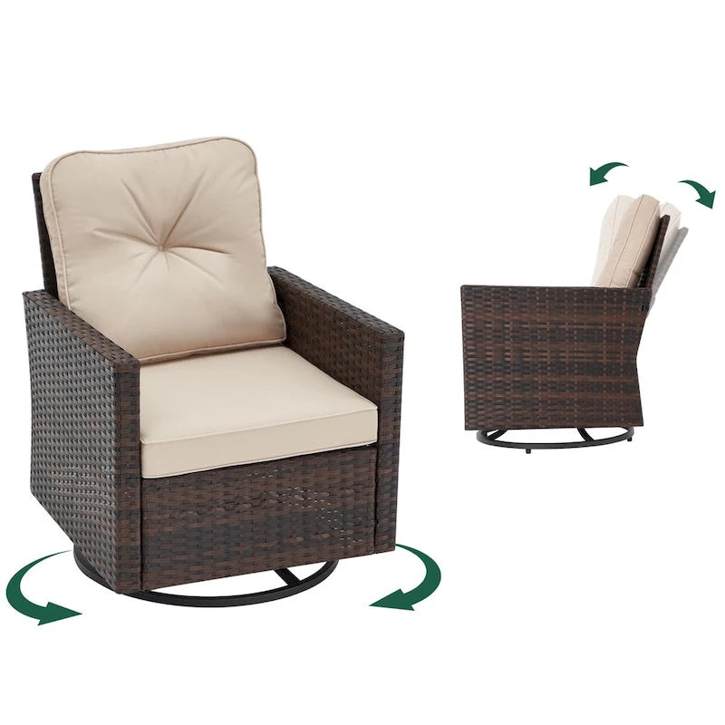 AVAWING Set da 5 Pezzi per Esterni con Sedie Girevoli a Dondolo in Vimini, 2 Pouf e 1 Tavolino Laterale