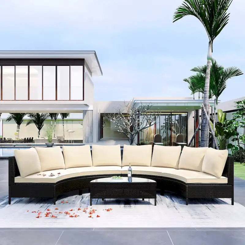Set Divano Semicircolare in Rattan PE Intrecciato da Esterno, 5 Pezzi