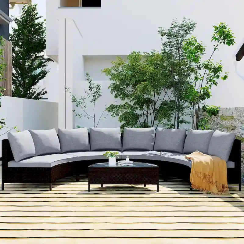 Set Divano Semicircolare in Rattan PE Intrecciato da Esterno, 5 Pezzi