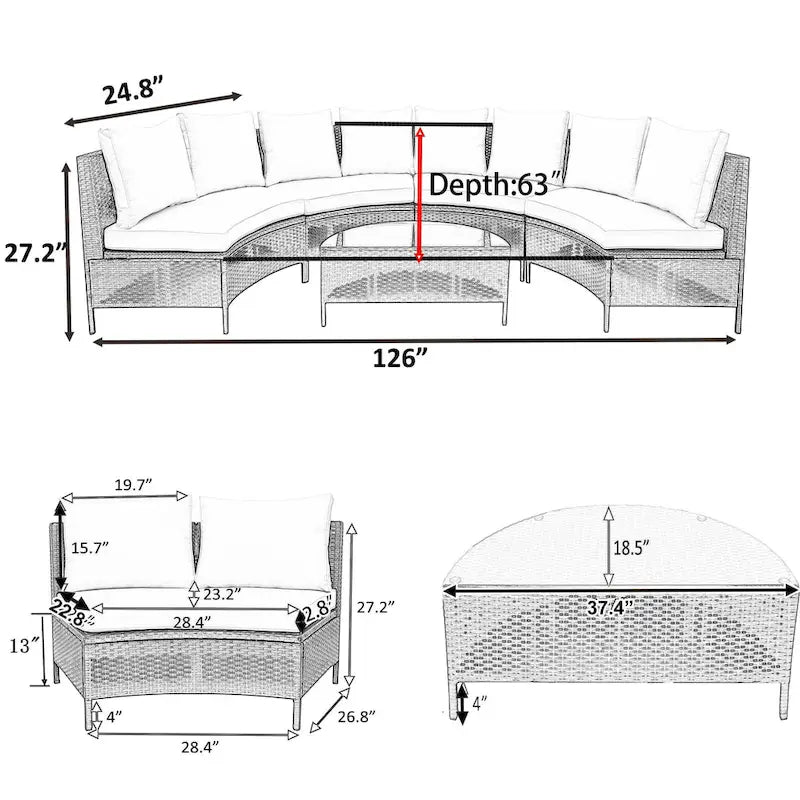 Set Divano Semicircolare in Rattan PE Intrecciato da Esterno, 5 Pezzi