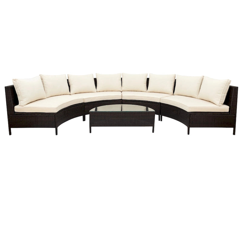 Set Divano Semicircolare in Rattan PE Intrecciato da Esterno, 5 Pezzi