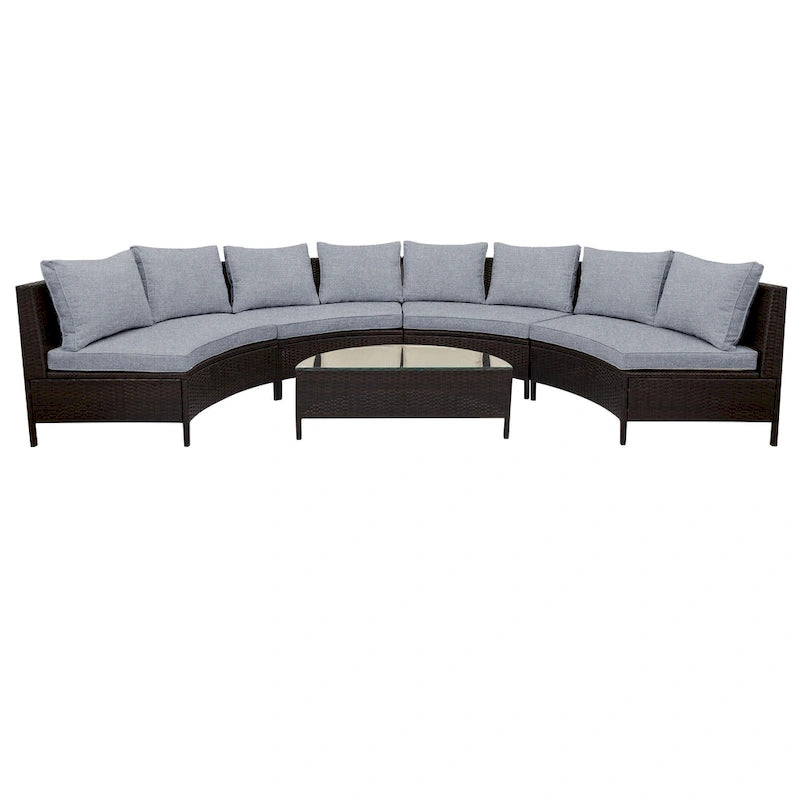Set Divano Semicircolare in Rattan PE Intrecciato da Esterno, 5 Pezzi