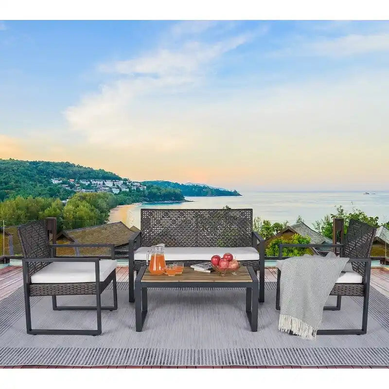 4-Piece Acacia Wood Table Top Patio Furniture Conversation Set for Balcony Porch Garden Backyard Lawn