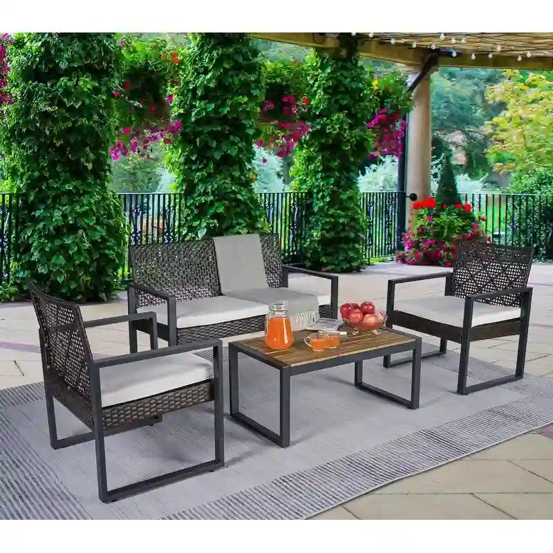 Set da conversazione di 4 mobili da giardino da esterno con piano tavolo in legno di acacia per balcone, portico, giardino, prato