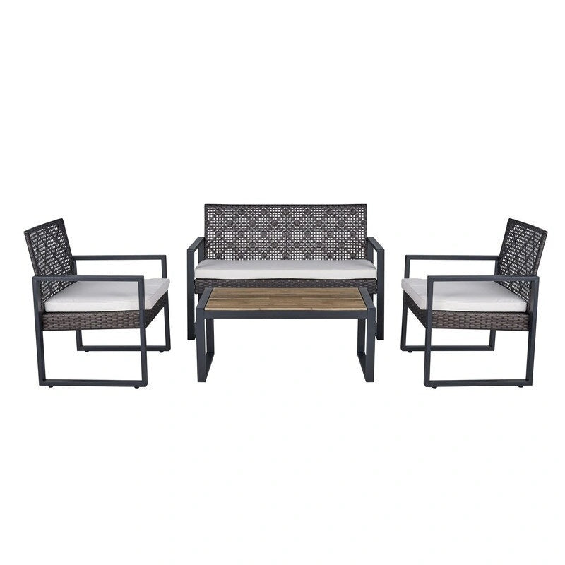 Set da conversazione di 4 mobili da giardino da esterno con piano tavolo in legno di acacia per balcone, portico, giardino, prato