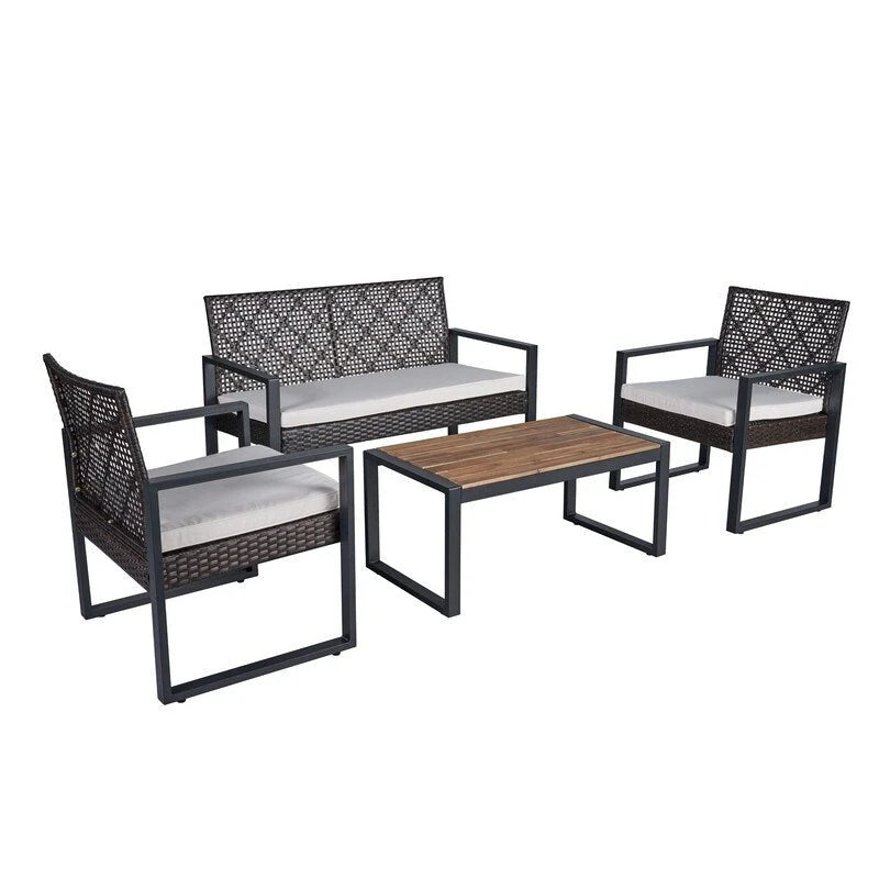 Set da conversazione di 4 mobili da giardino da esterno con piano tavolo in legno di acacia per balcone, portico, giardino, prato