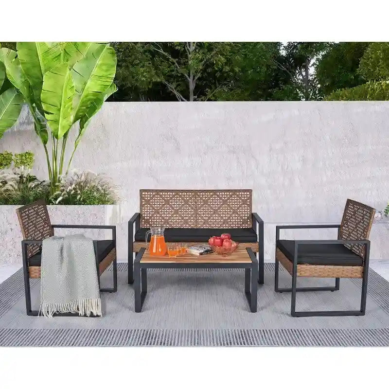 Set da conversazione di 4 mobili da giardino da esterno con piano tavolo in legno di acacia per balcone, portico, giardino, prato