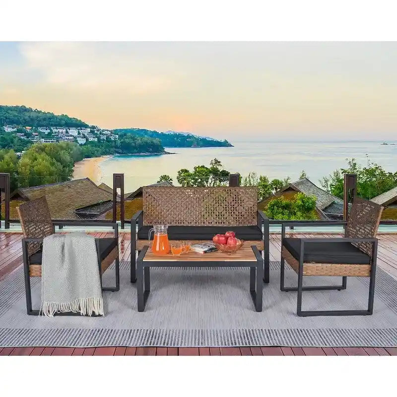 Set da conversazione di 4 mobili da giardino da esterno con piano tavolo in legno di acacia per balcone, portico, giardino, prato