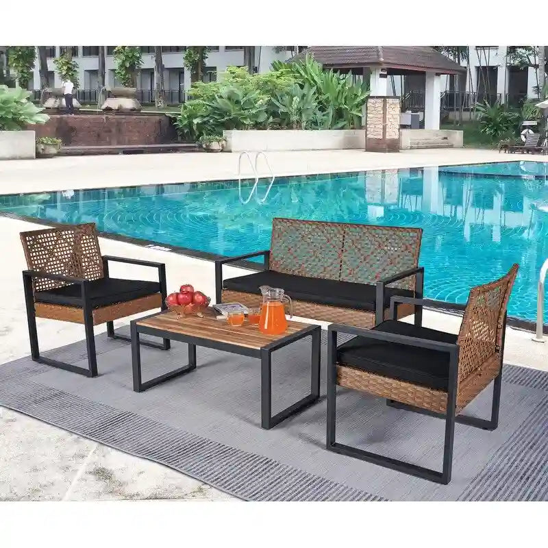 Set da conversazione di 4 mobili da giardino da esterno con piano tavolo in legno di acacia per balcone, portico, giardino, prato
