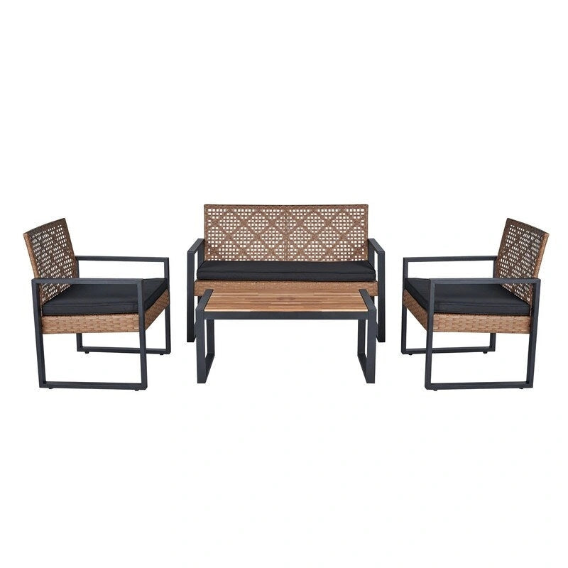 Set da conversazione di 4 mobili da giardino da esterno con piano tavolo in legno di acacia per balcone, portico, giardino, prato