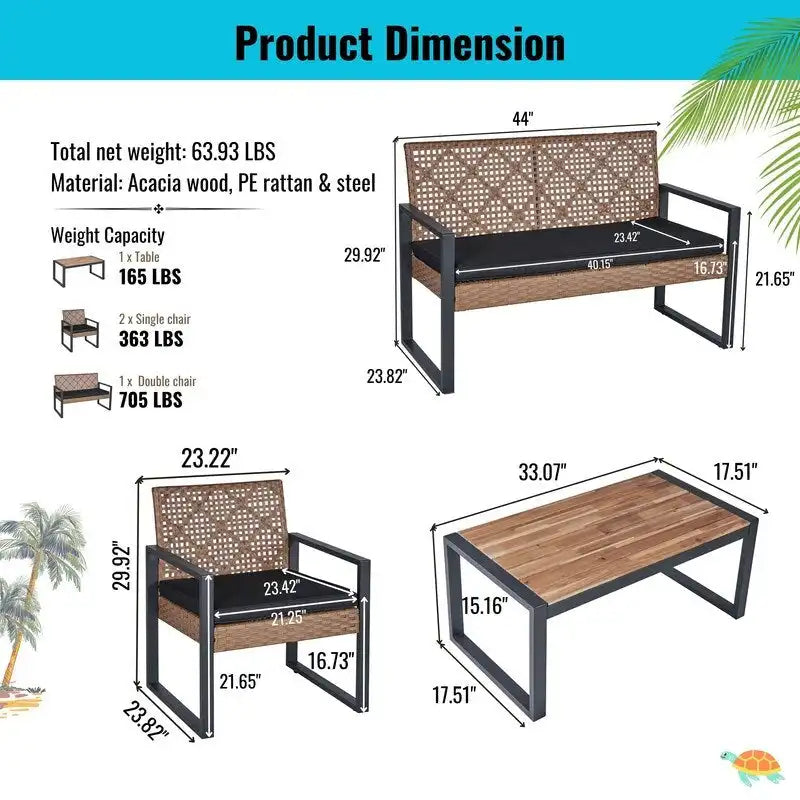 Set da conversazione di 4 mobili da giardino da esterno con piano tavolo in legno di acacia per balcone, portico, giardino, prato