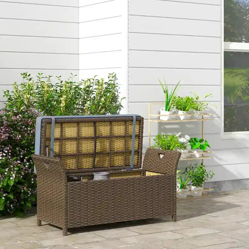 Panca Contenitore 2-in-1 da Esterno in Rattan da 100 Litri con Maniglie e Cuscino