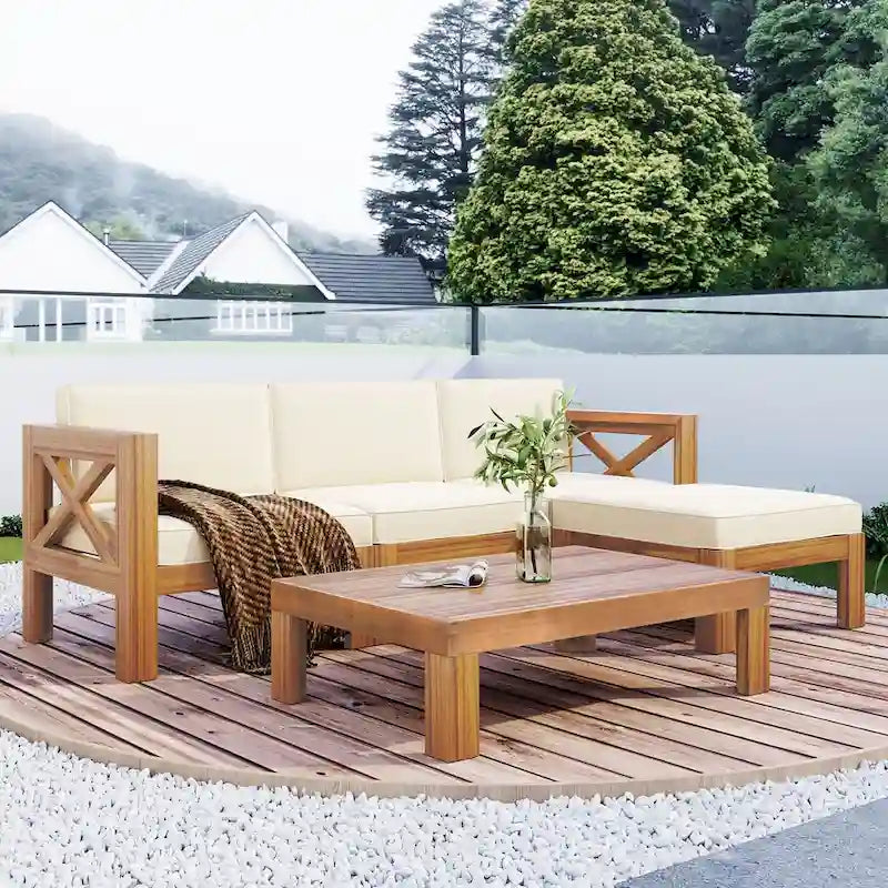 Set divano componibile da esterno 5 pezzi in legno naturale di acacia con tessuto idrorepellente