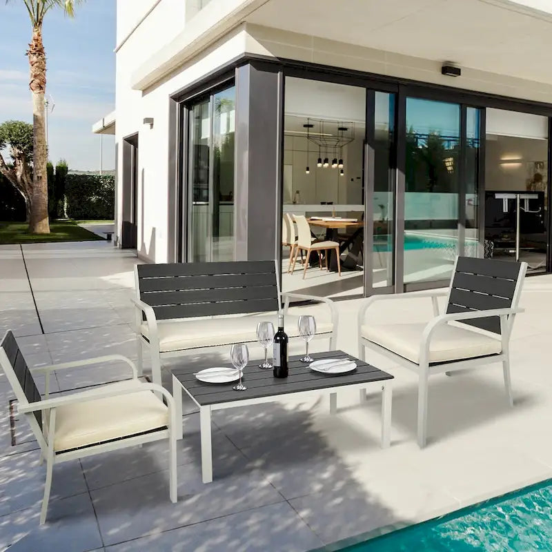 4-Piece Steel Patio Conversation Set with Cushions and Coffee Table
