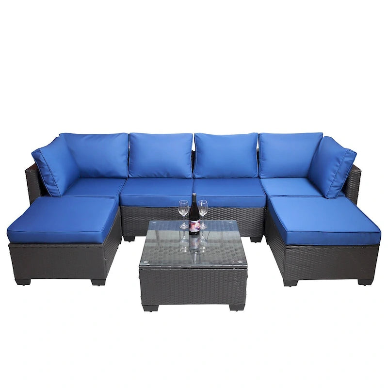 Set di divani da esterno a 7 pezzi per giardino e patio, nero + blu scuro, con tavolino da caffè, telaio in metallo resistente alla ruggine