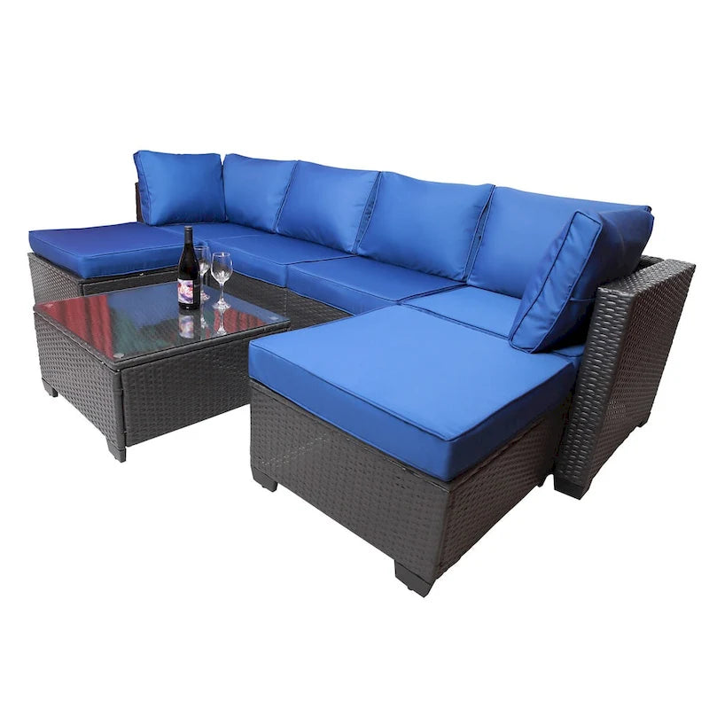 Set di divani da esterno a 7 pezzi per giardino e patio, nero + blu scuro, con tavolino da caffè, telaio in metallo resistente alla ruggine
