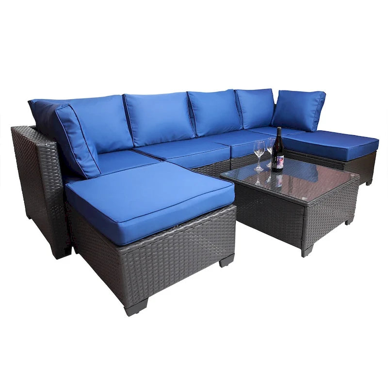 Set di divani da esterno a 7 pezzi per giardino e patio, nero + blu scuro, con tavolino da caffè, telaio in metallo resistente alla ruggine