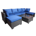 Set di divani da esterno a 7 pezzi per giardino e patio, nero + blu scuro, con tavolino da caffè, telaio in metallo resistente alla ruggine