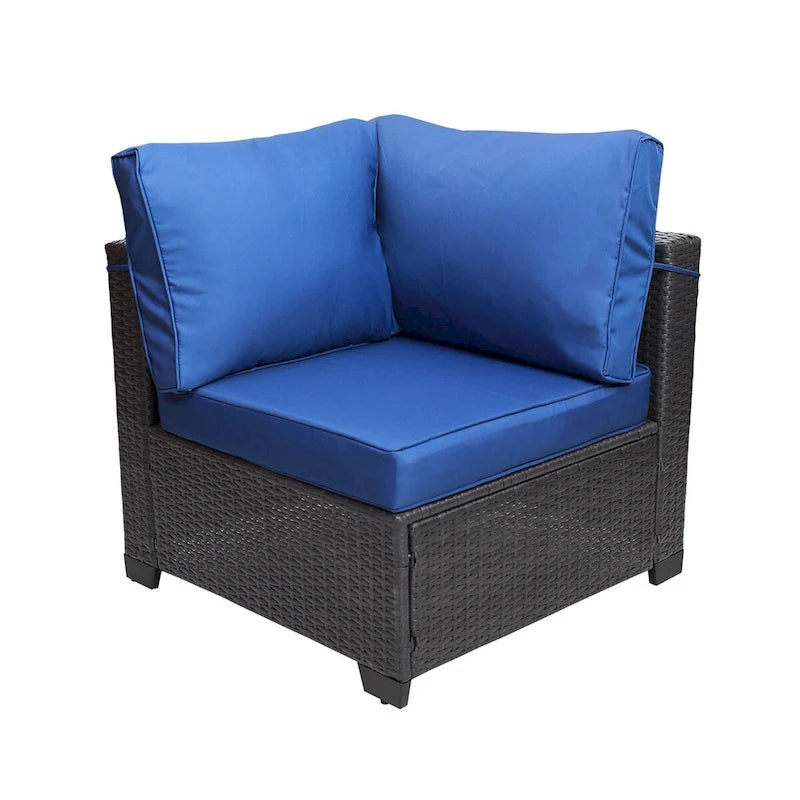 Set di divani da esterno a 7 pezzi per giardino e patio, nero + blu scuro, con tavolino da caffè, telaio in metallo resistente alla ruggine