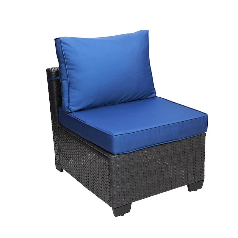 Set di divani da esterno a 7 pezzi per giardino e patio, nero + blu scuro, con tavolino da caffè, telaio in metallo resistente alla ruggine