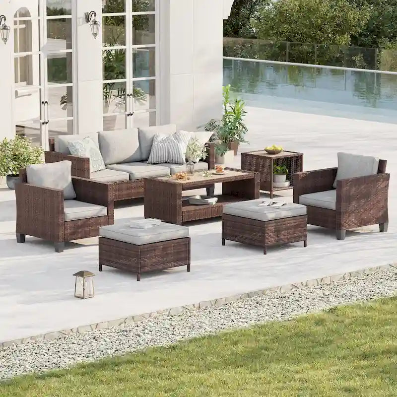 Mobilier de conversation 7 pièces BONOSUKI Patio en rotin marron avec 2 tables d'appoint