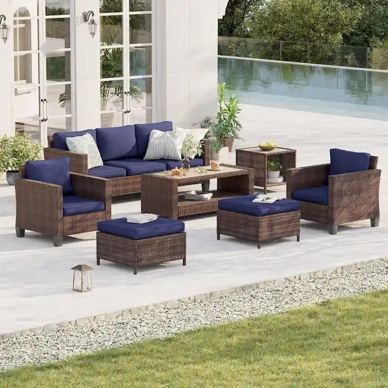 Mobilier de conversation 7 pièces BONOSUKI Patio en rotin marron avec 2 tables d'appoint