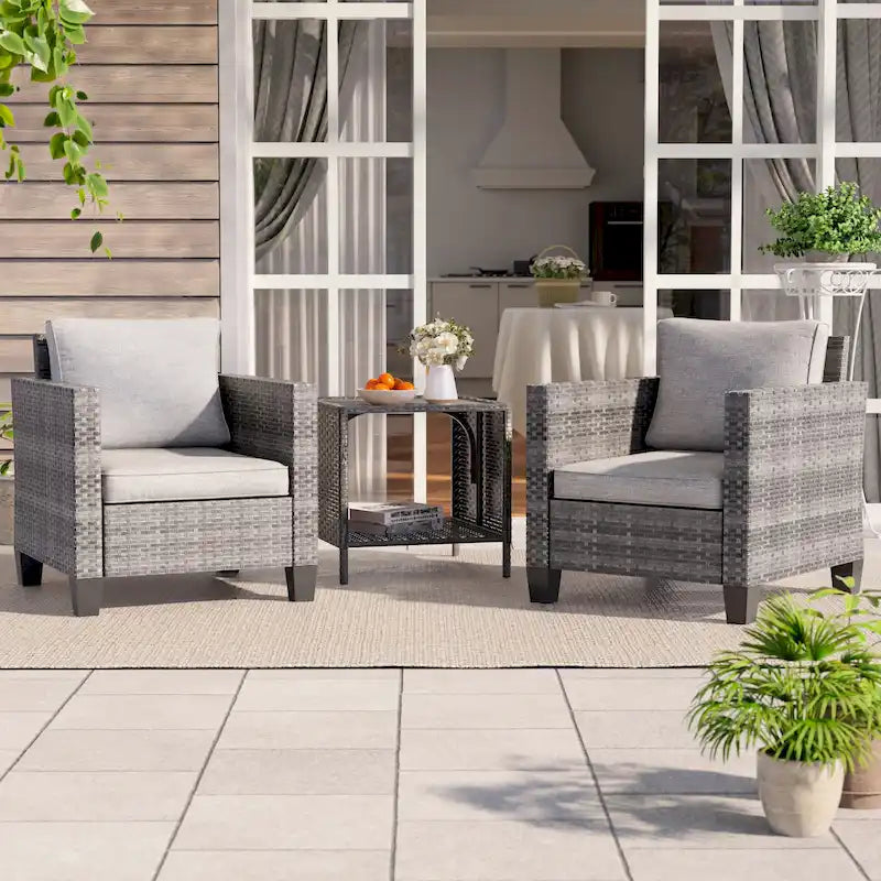 BONOSUKI Ensemble canapé de patio 3 pièces en rotin gris avec table d'appoint