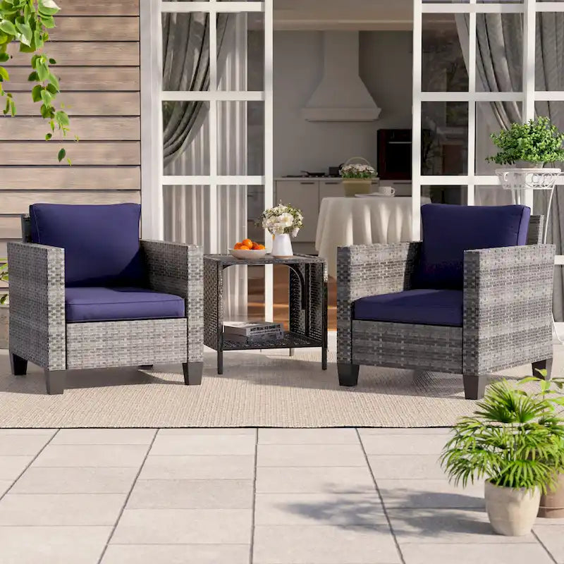 BONOSUKI Set Divano da Giardino 3 Pezzi in Rattan Grigio con Tavolino Laterale