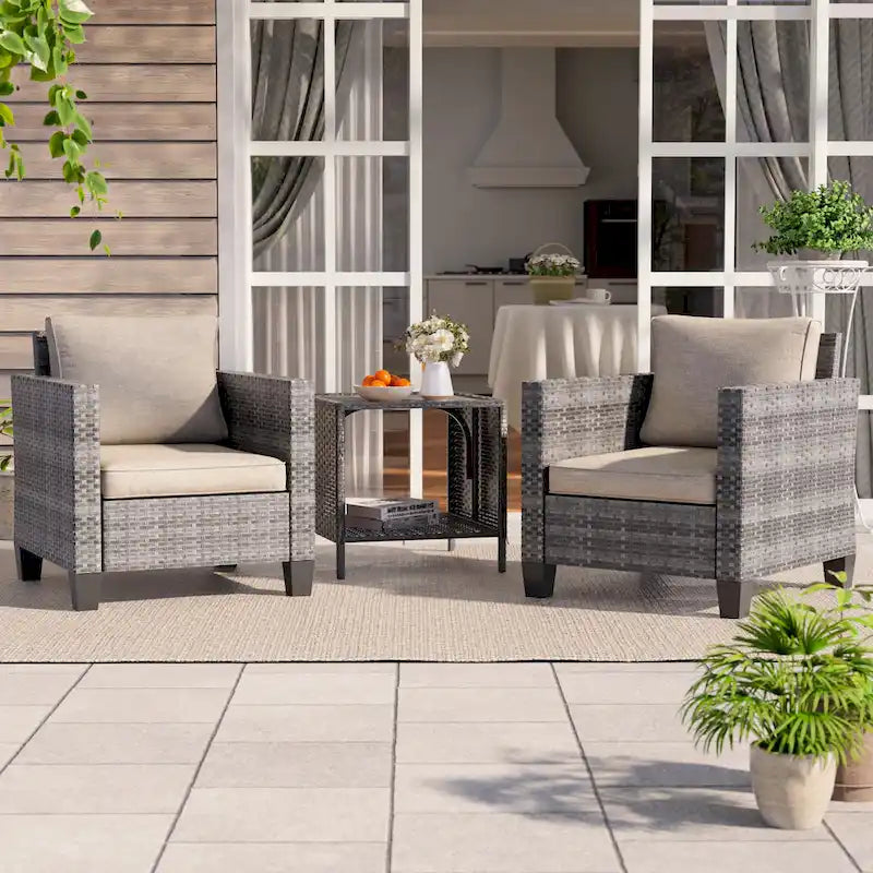 BONOSUKI Set Divano da Giardino 3 Pezzi in Rattan Grigio con Tavolino Laterale